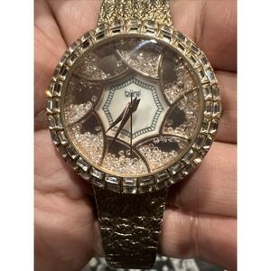 Working BURGI Womens Dainty Watch Swarovski Crystals and MOP Dial Gold Tone 37mm